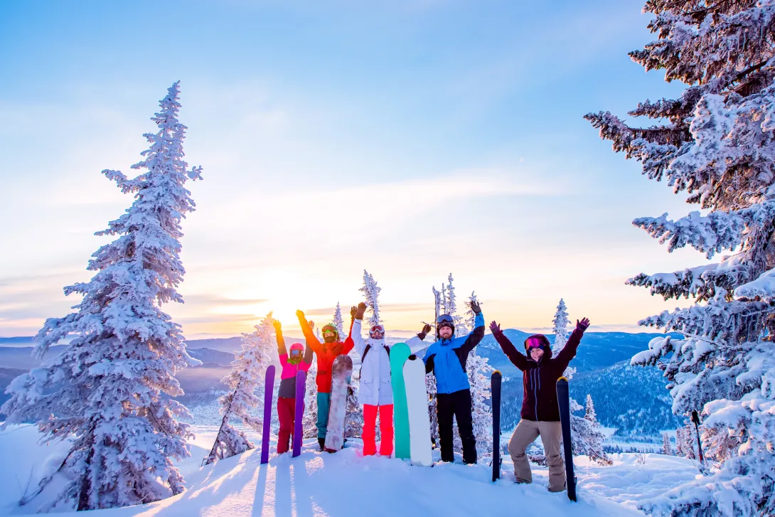 Group of skiers and snowboarders