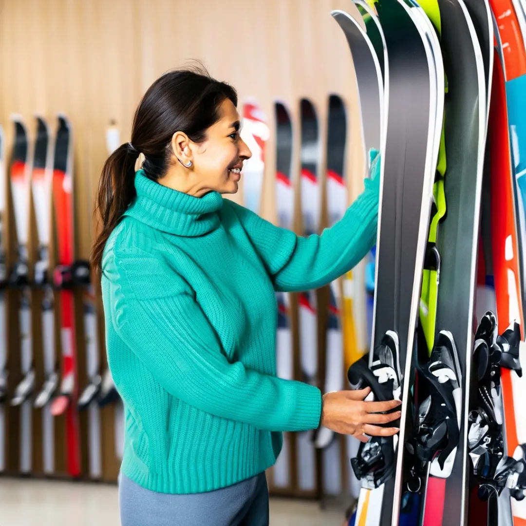 Woman looking at skis to rent